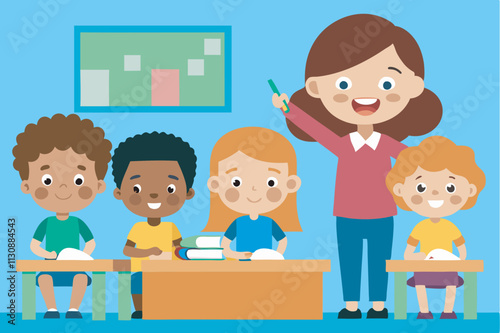 Illustration of a diverse classroom: teacher with brown hair, students with different ethnicities. Blue background, positive environment with everyone smiling.