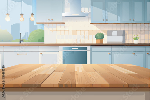 A modern, spacious kitchen with stainless steel appliances and light blue cupboards. Features include a wooden table, potted plant, and cityscape wall art, creating a bright and inviting aesthetic.