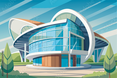 A sleek, wave-shaped office building symbolizes innovation and efficiency. Glass facade reflects light, trees add nature elements, and sky colors imply either dawn or dusk,