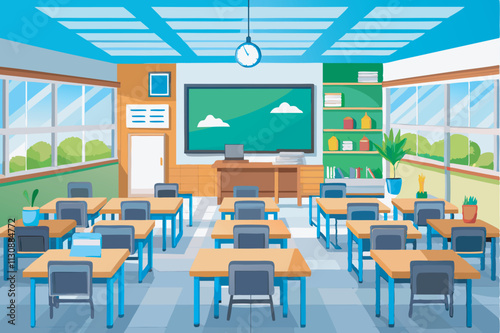 Empty classroom with desks, chairs, blackboard, clock, window, and plants. Natural light enhances the room's ambiance for learning.