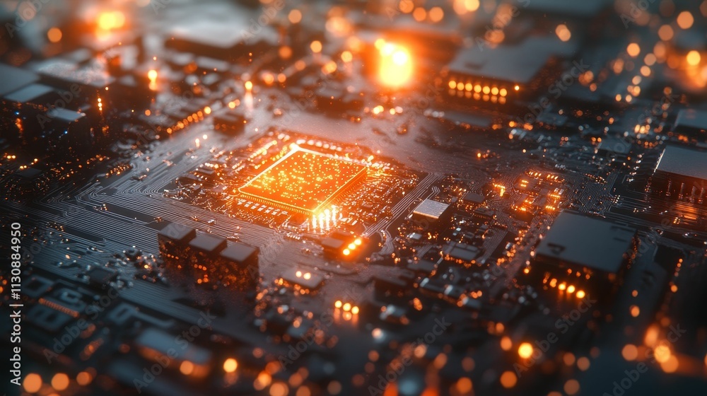 Obraz premium Glowing circuit board; intricate electronic components.