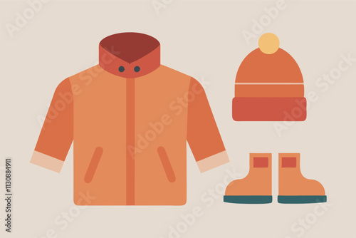 Winter clothing display: orange coat with hood, knitted hat, orange suede boots against yellow backdrop.