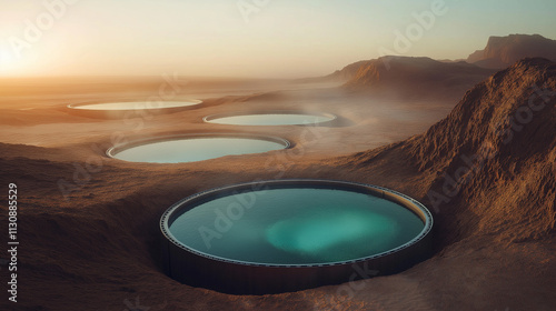Floating water generators extracting moisture from desert air, surrounded by small pools forming an artificial oasis, captured at sunrise
