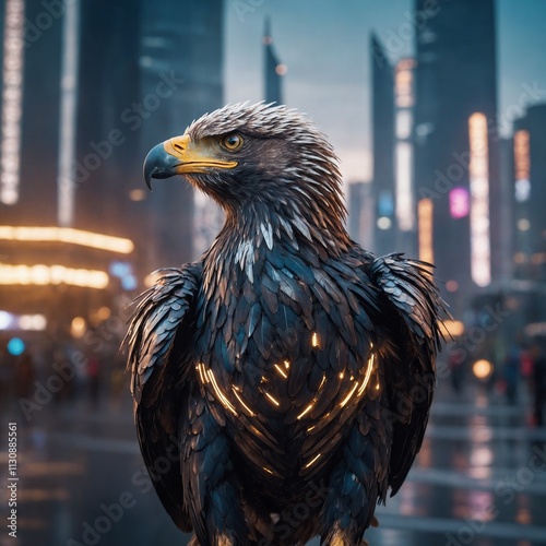 A futuristic eagle with metallic feathers and glowing eyes, flying happily in a sci-fi city.

 photo