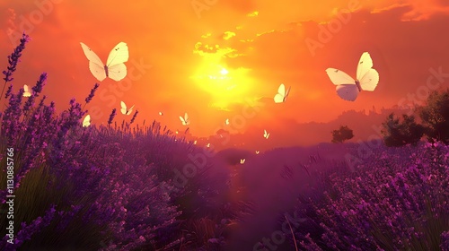 Rows of lavender glowing under a golden sunset with white butterflies fluttering among the fragrant flowers