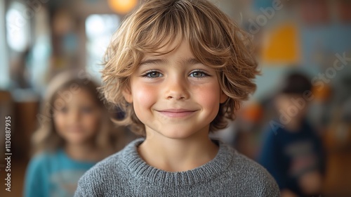 Wallpaper Mural A happy boy student in a school or kindergarten setting, eager to learn and interact with his diverse classmates Torontodigital.ca