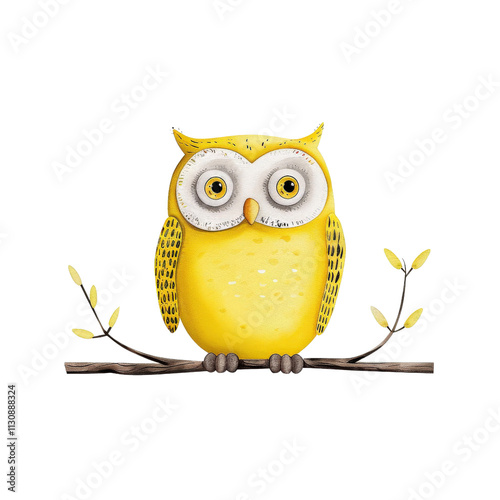 Cute yellow owl perched on branch with green leaves, showcasing whimsical design. This charming illustration is perfect for children decor or educational materials photo