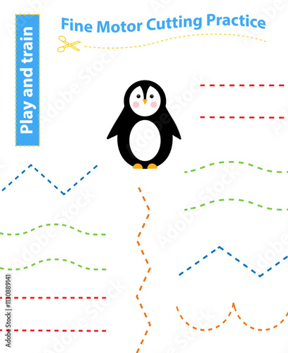 Cutting practice with a penguin. Hand trainer.