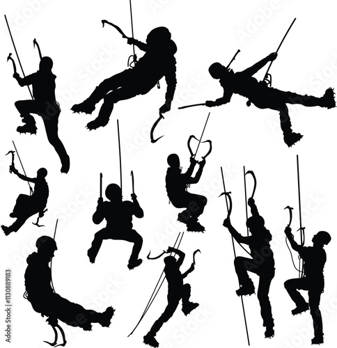 Vector set silhouette of ice climbing. Mountaineering, extreme sport concept. Isolated background. Vector illustration.
