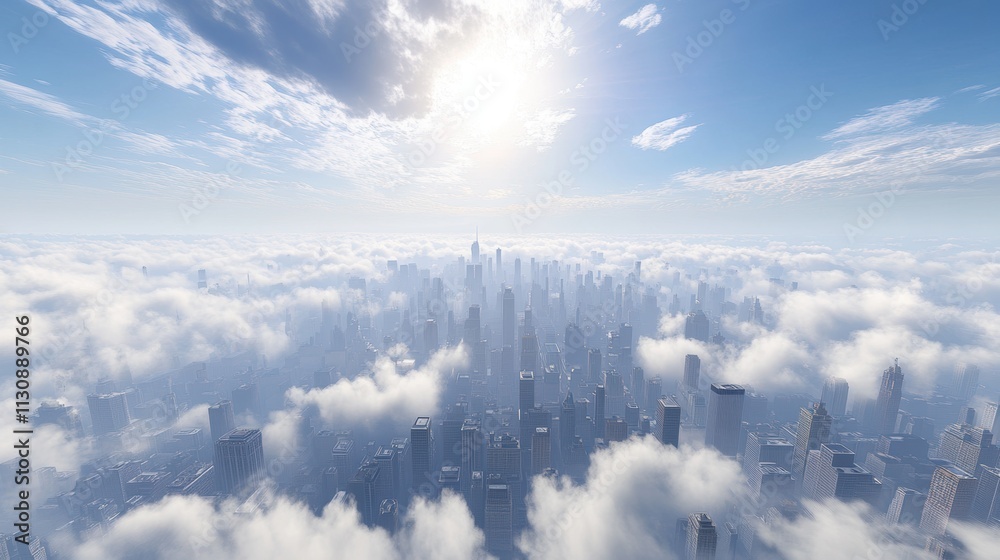 Fototapeta premium Aerial View of Cityscape Above Clouds with Bright Sunlight