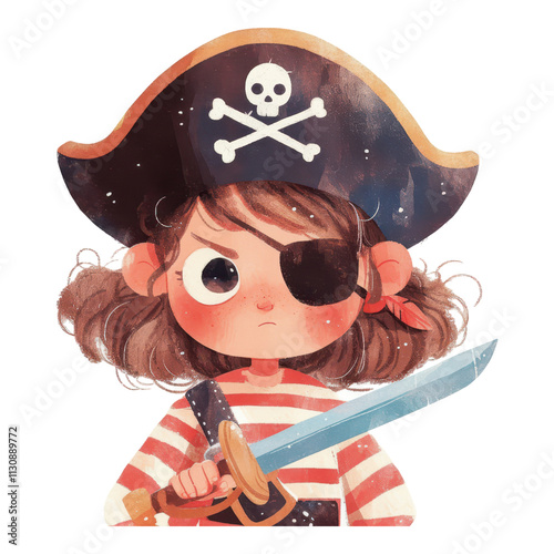 A young pirate girl with an eye patch, striped shirt, and a sword, wearing a classic pirate hat adorned with a skull and crossbones.