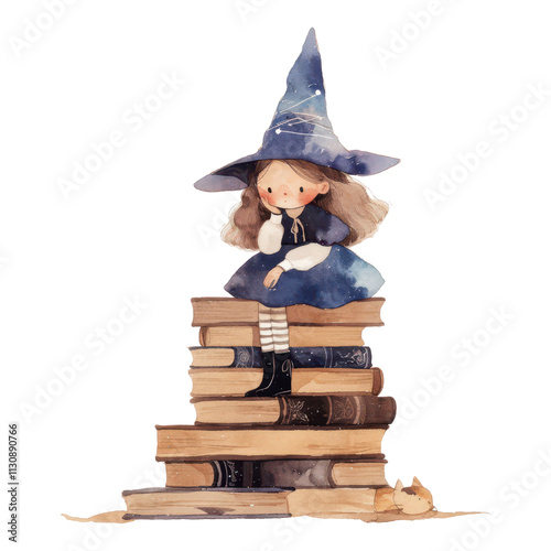 A whimsical girl in a blue witch hat sits atop a stack of books, embodying a magical and imaginative theme. photo