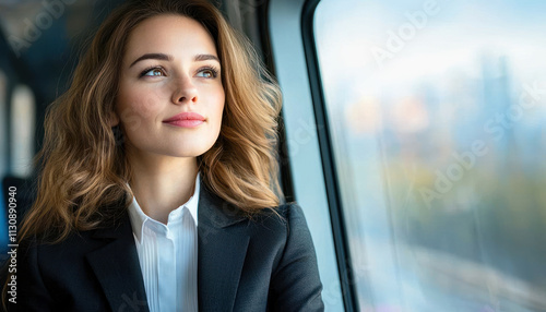 Free Download A businesswoman in stylish pantsuit gazes thoughtfully out train window, with cityscape visible in background - GFXLoad