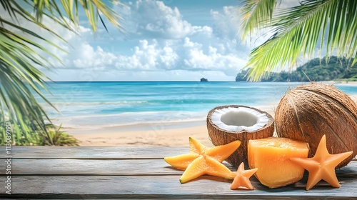 Tropical Beach Scene With Coconuts And Star Fruit photo