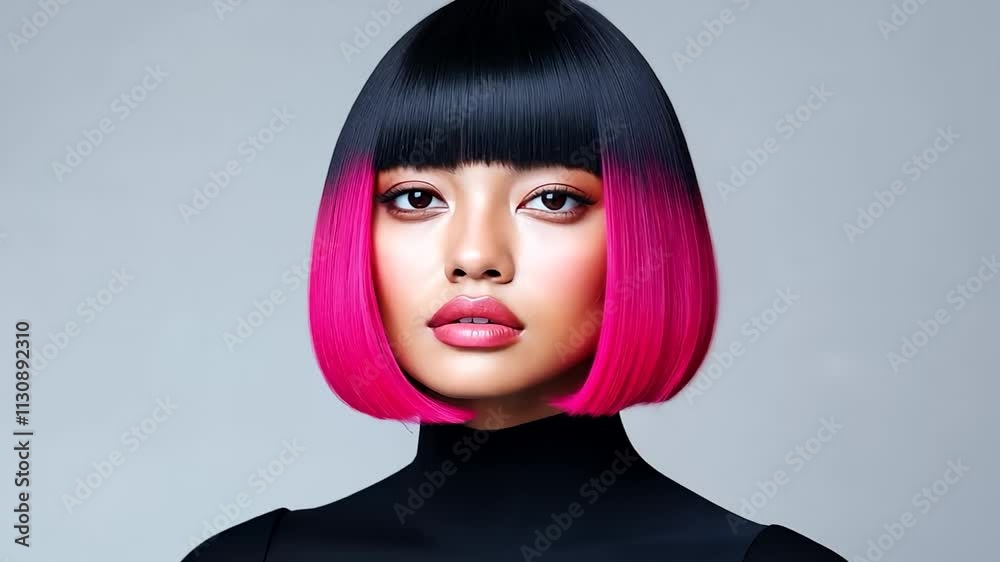 Asian woman with vibrant pink and black bob hairstyle, concept for beauty and fashion