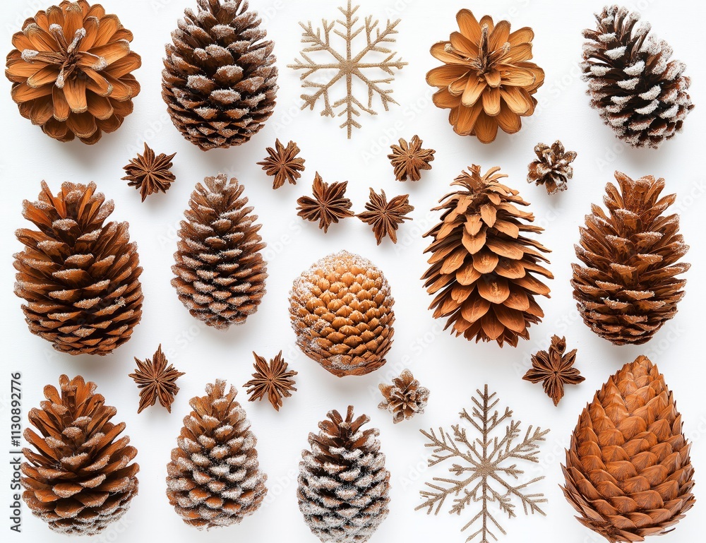 A Festive Winter Arrangement of Pine Cones Snowflakes and Star Anise on White Background