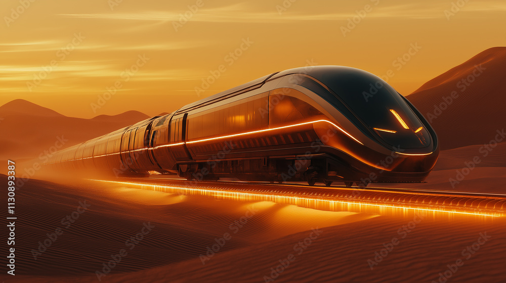 Obraz premium Futuristic desert train hovering magnetically over glowing tracks, fine sand swirling in the air, golden hour tones