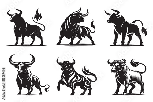 bull set black silhouette vector illustration white background