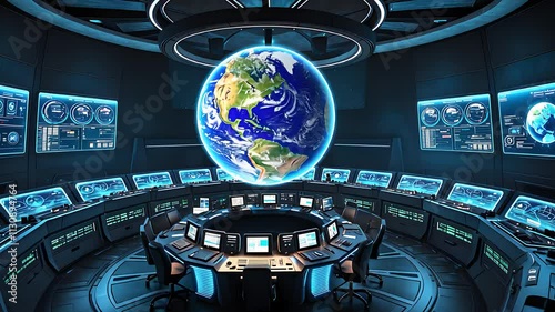 Futuristic Control Room with a Large Globe Display and Multiple Screens for Monitoring Global Data and Operations

 photo