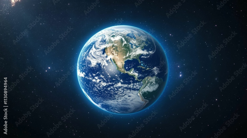 Fototapeta premium Planet Earth, dark space, stars, clouds, blue glow.