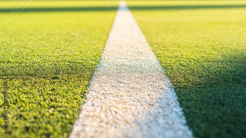 A cricket pitch crease line, outdoor setting with mid-morning light, Precise style photo