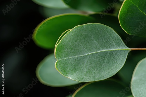 This close-up image features elegant green leaves highlighted by natural light, showcasing their smooth texture and delicate outlines against a subtle backdrop. photo