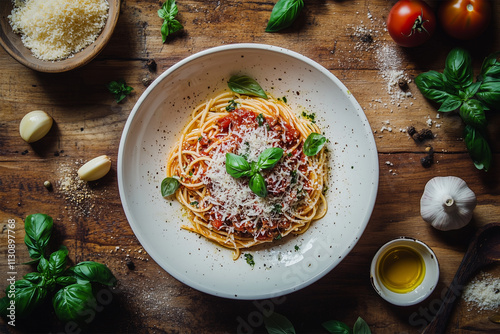 A plate of Spaghetti Bolognese with ingredient and seasoning. photo