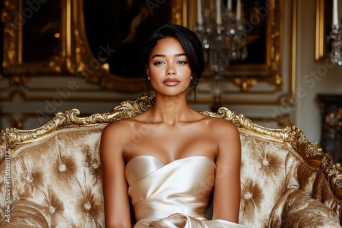 A stunning woman in a luxurious satin dress sits gracefully on a vintage sofa, showcasing timeless elegance in a beautifully decorated opulent space with chandeliers. photo