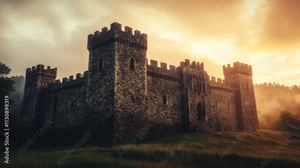 Obraz premium A dramatic low-angle shot of a grand medieval castle at sunrise, its stone walls glowing with a golden hue, surrounded by misty green hills