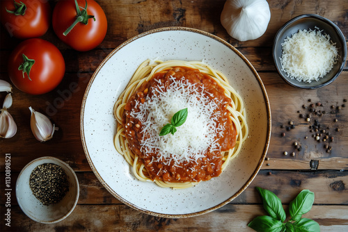 A plate of Spaghetti Bolognese with ingredient and seasoning. photo