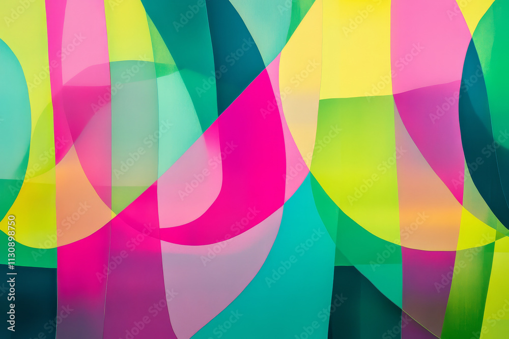 Obraz premium A bold vibrant background featuring overlapping translucent shapes in neon pink, teal, and lime green.