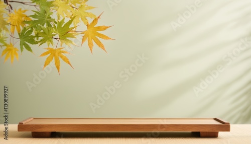 Wooden Platform with Green Background and Yellow Maple Leaves for Product Display Montage, Product Photography, Japan style 
