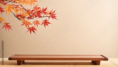 Wooden Platform with Beige Background and Red Maple Leaves for Product Display Montage, Product Photography, Japan style 