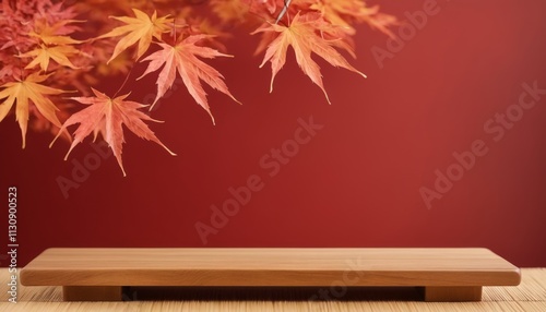 Wooden Platform with Red Background and Orange Maple Leaves for Product Display Montage, Product Photography, Japan style