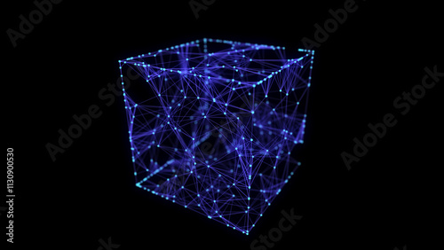Abstract blue cube on black background. Wireframe square structure with glowing particles and lines. Futuristic digital illustration. 3D rendering.