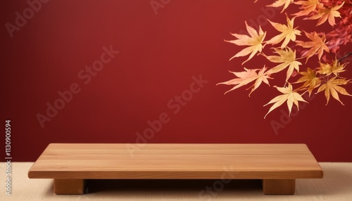 Wooden Platform with Red Background and Orange Maple Leaves for Product Display Montage, Product Photography, Japan style