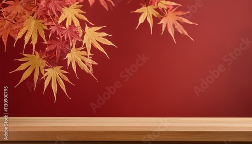 Wooden Platform with Red Background and Orange Maple Leaves for Product Display Montage, Product Photography, Japan style