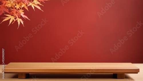 Wooden Platform with Red Background and Orange Maple Leaves for Product Display Montage, Product Photography, Japan style