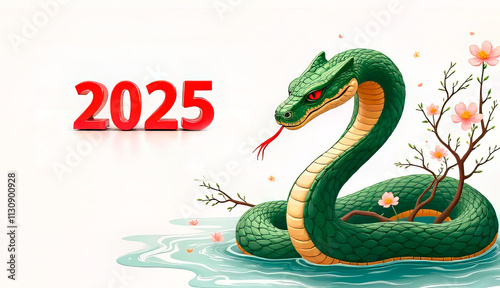 Green wooden snake on solid white background with 2025 figures in red colour