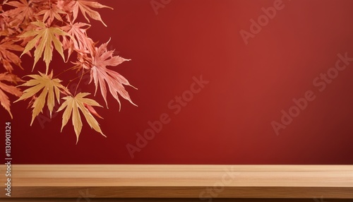 Wooden Platform with Red Background and Orange Maple Leaves for Product Display Montage, Product Photography, Japan style