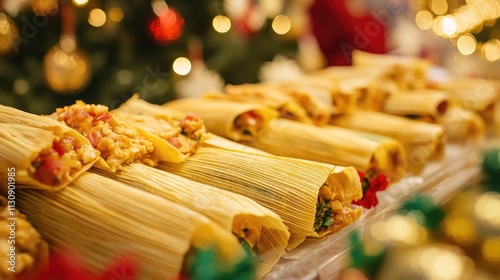 A close-up of tamales being unwrapped, revealing their colorful fillings, with festive decorations in the background.