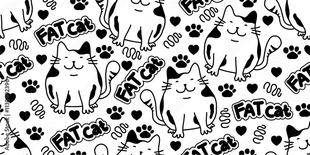 Fototapeta premium Seamless pattern with funny doodle cats with heart in paws. for print or sticker design. Adorable kawaii animals on white background.