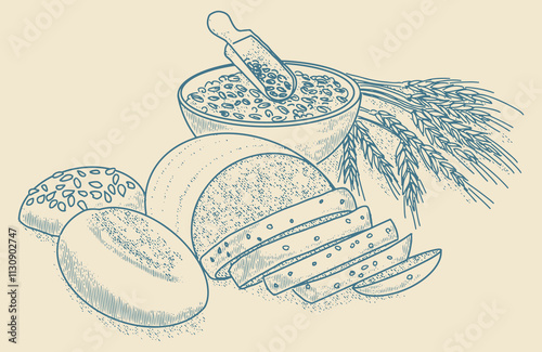 Rustic bread, wheat grains and ears in vintage style