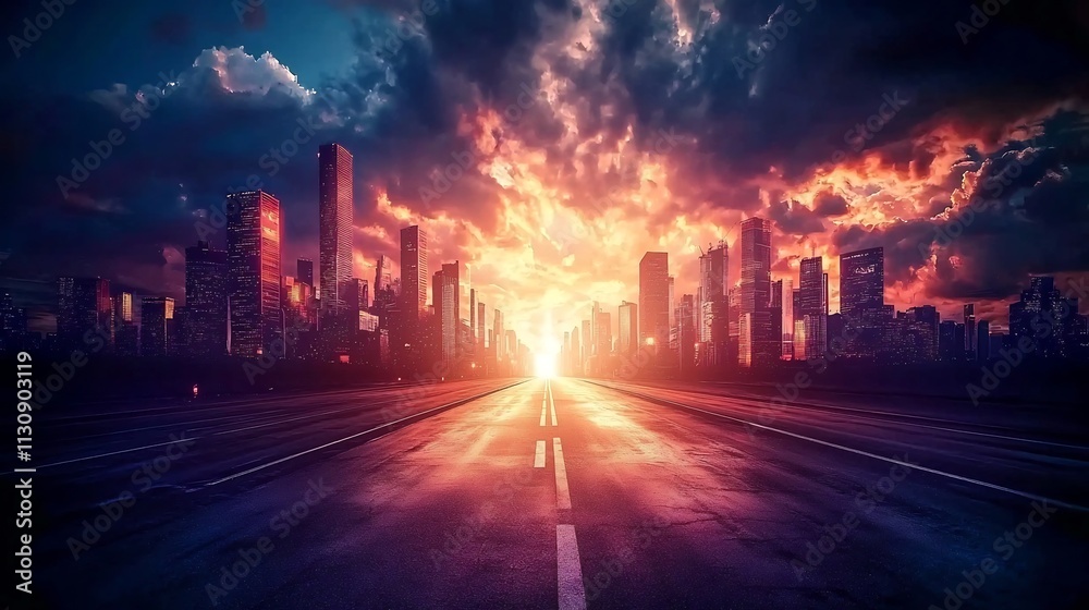 Obraz premium Futuristic Neon-Lit Cityscape Under Dark Cloudy Sky