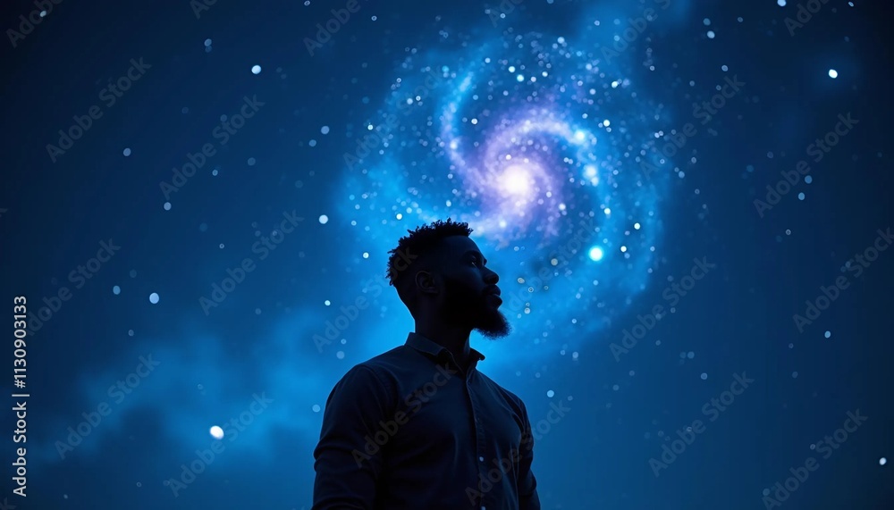 A silhouette of a person dissolving into a starry sky, their form merging with cosmic patterns. Glowing constellations and vibrant nebulae surround the figure, symbolizing unity with the universe A silhouette of a person dissolving into a starry sky, their form merging with cosmic patterns. Glowing constellations and vibrant nebulae surround the figure, symbolizing unity with the universe