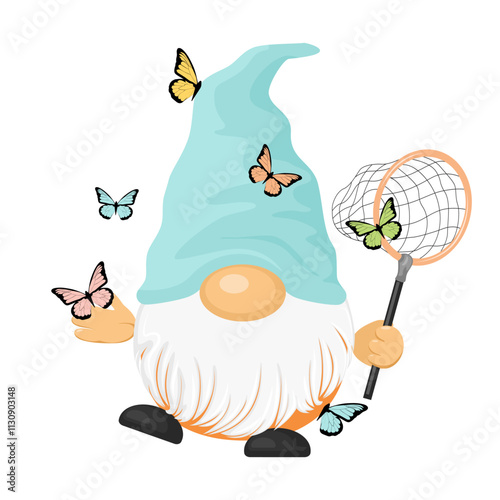 Cute spring gnome catching butterflies