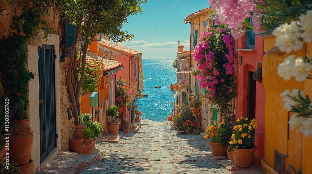 Obraz premium Sunny Mediterranean village by the sea, with cobblestone streets, colorful houses, and a dreamy, relaxing summer escape vibe.