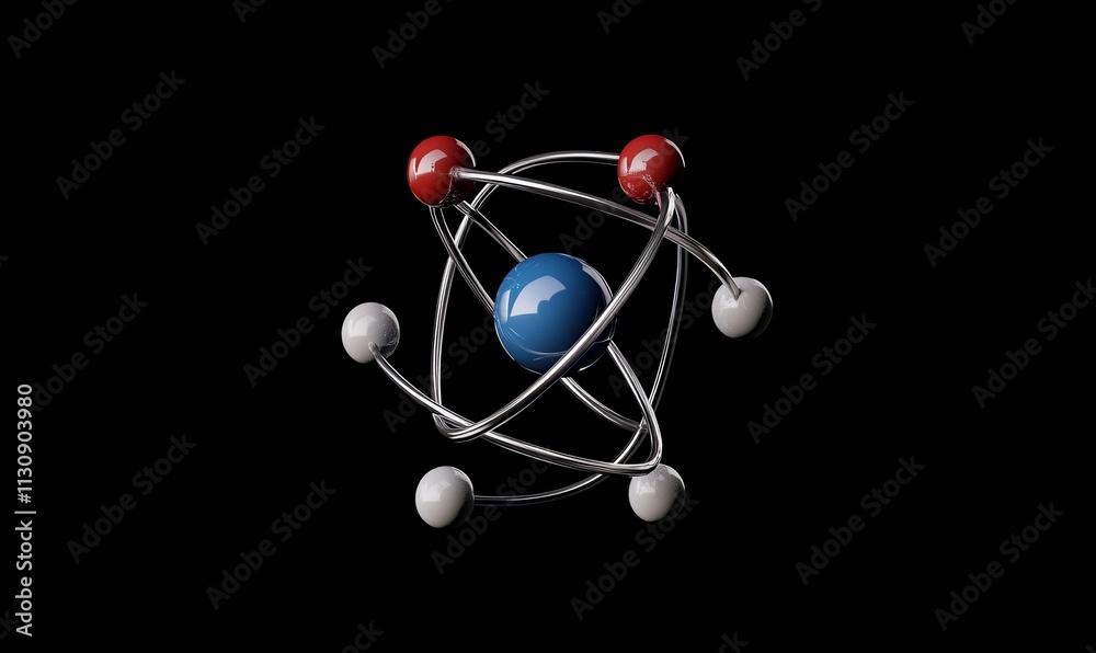 Atomic model; orbiting spheres, metallic rings. Atomic model; orbiting spheres, metallic rings.