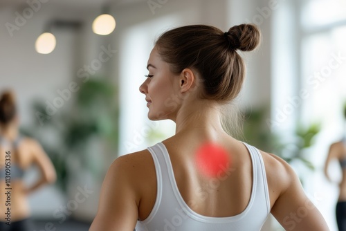 The image features a woman in a yoga pose, showcasing strength and focus while highlighting the back muscles and the atmosphere of a calm, wellness-focused studio.