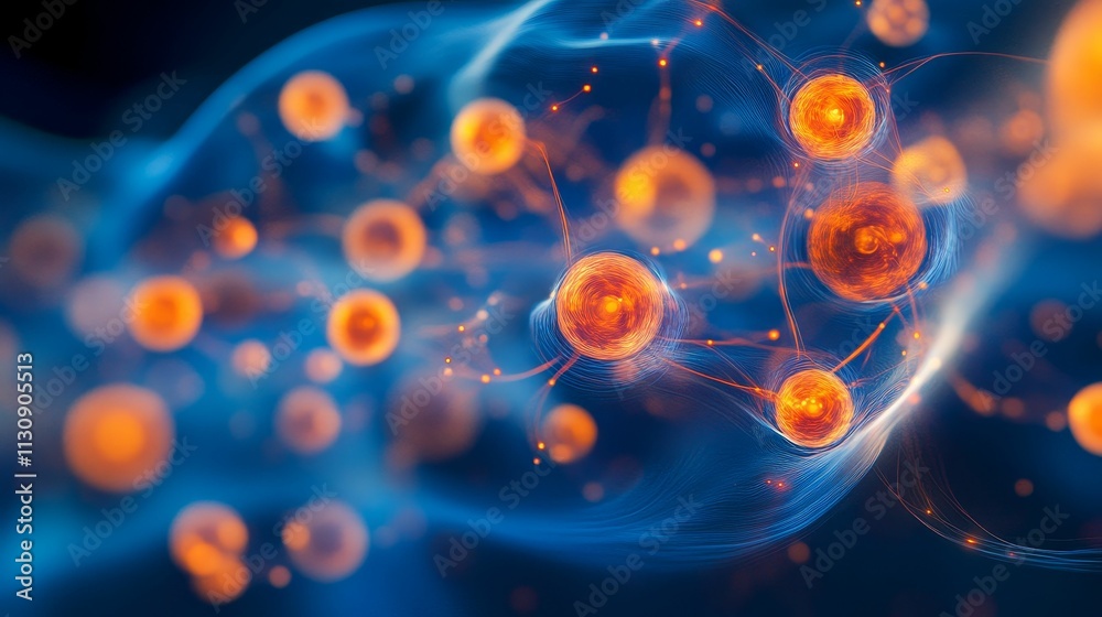 Obraz premium Abstract spheres, blue swirls, orange glows, interconnected.